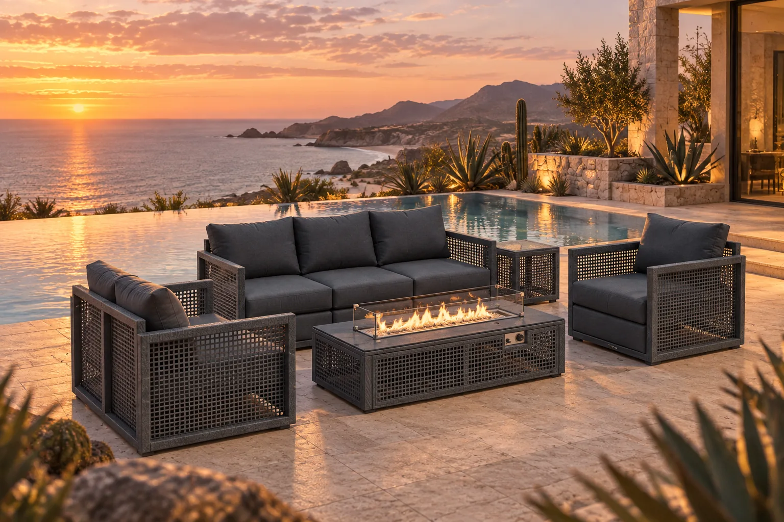 Lounge con brasero alargado junto a una piscina al atardecer
