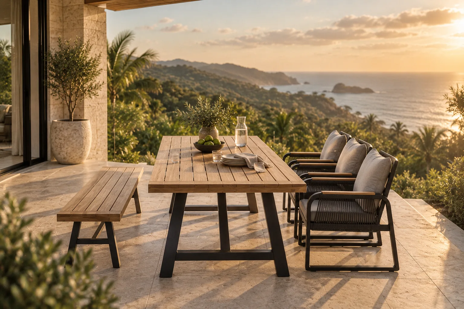 Comedor con mesa y banco de teca en una villa sobre la selva