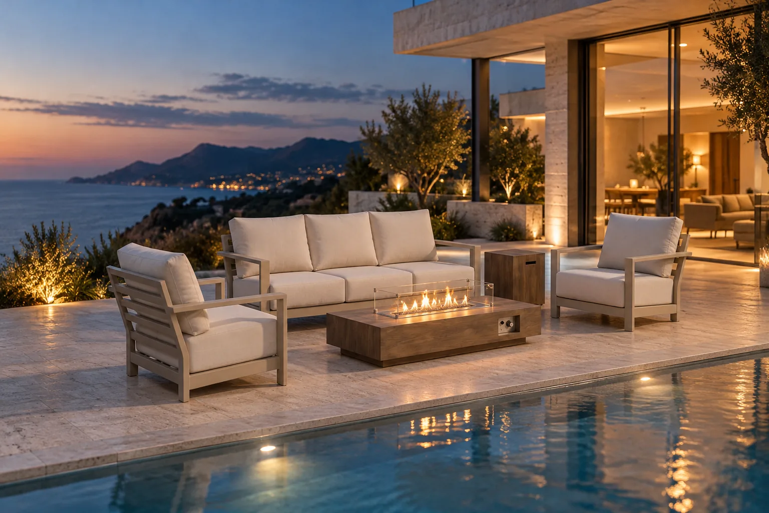 Juego lounge con mesa de brasero encendida en la terraza de una villa al anochecer