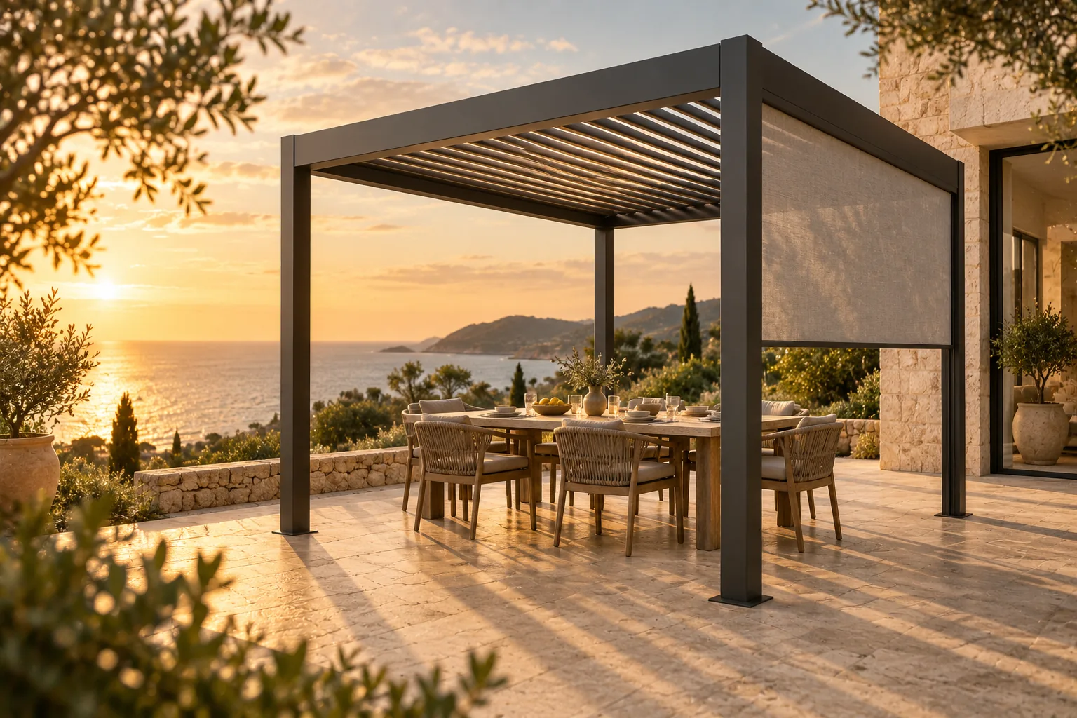 Pérgola de aluminio sobre un comedor al atardecer