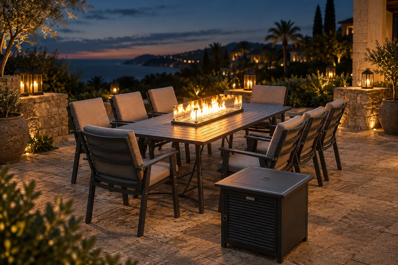 Fogón de comedor encendido de noche en una terraza de piedra